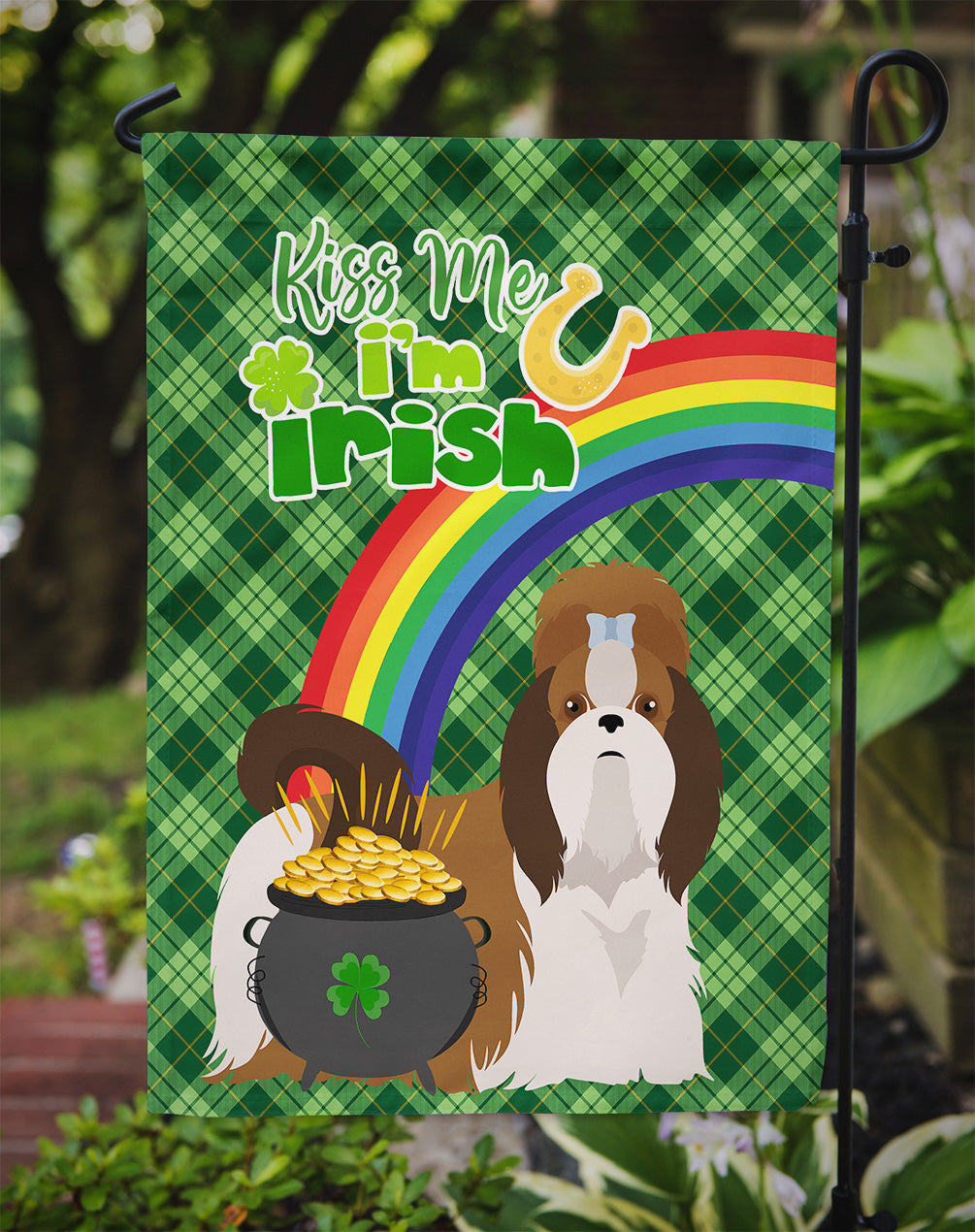 Red and White Shih Tzu St. Patrick's Day Flag Garden Size  the-store.com.