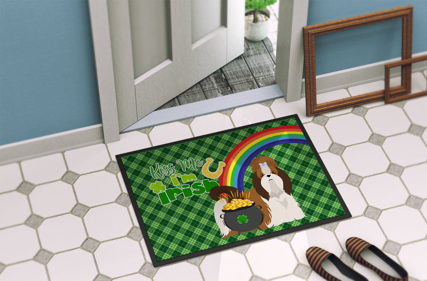 Red and White Shih Tzu St. Patrick's Day Indoor or Outdoor Mat 24x36 - the-store.com