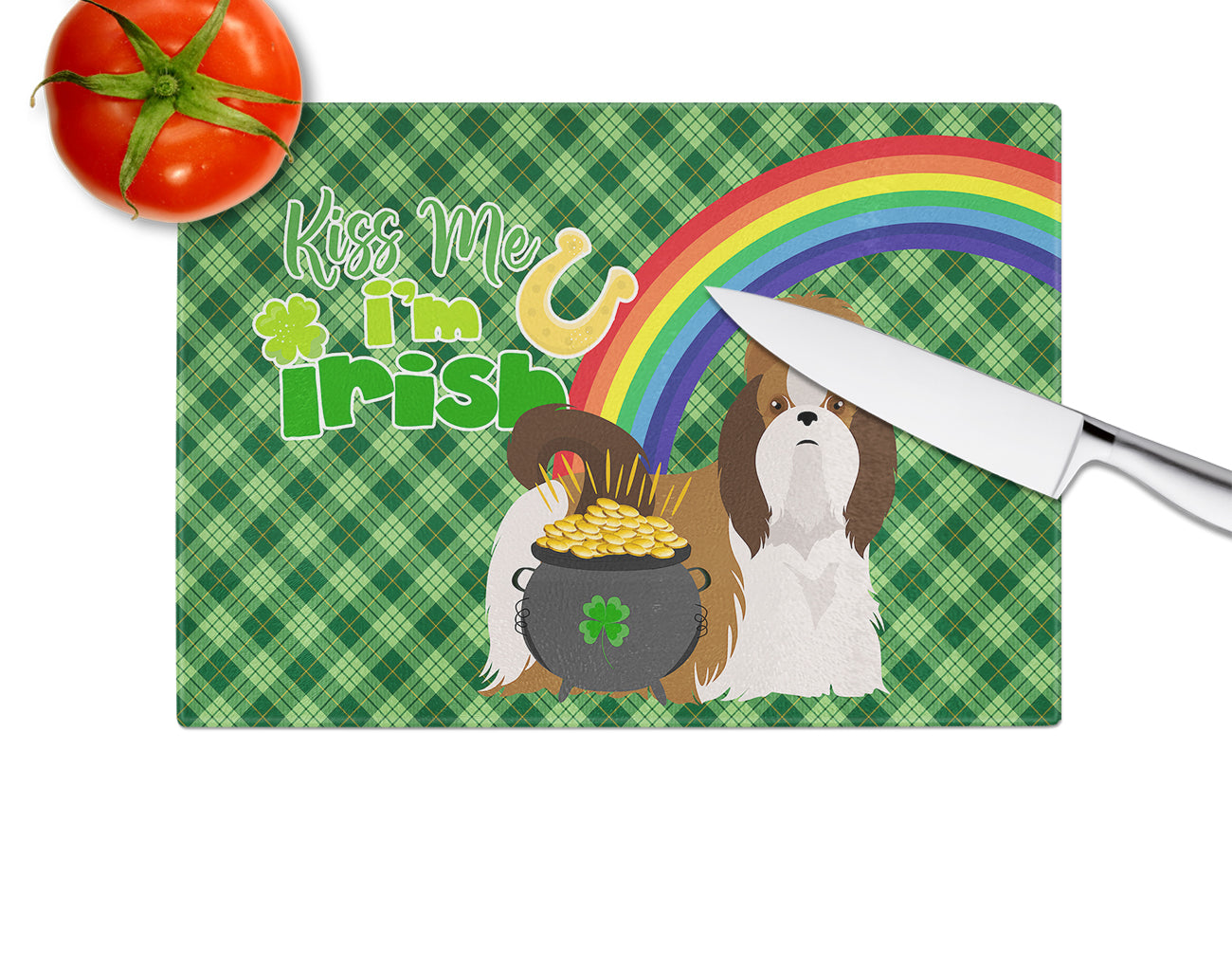 Red and White Shih Tzu St. Patrick's Day Glass Cutting Board Large - the-store.com