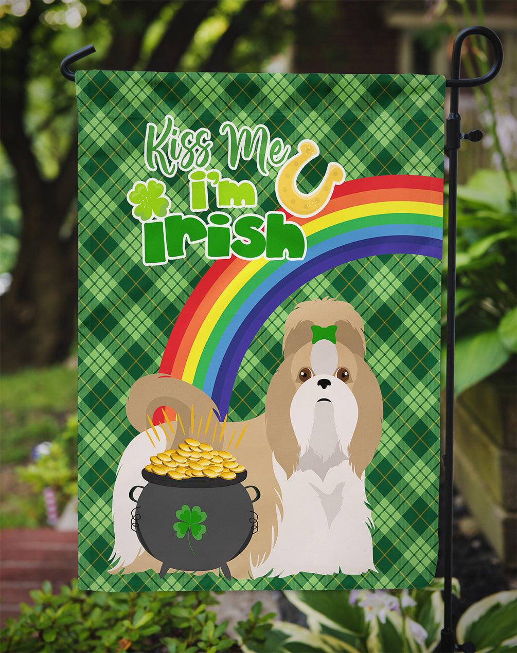 Gold and White Shih Tzu St. Patrick's Day Flag Garden Size  the-store.com.