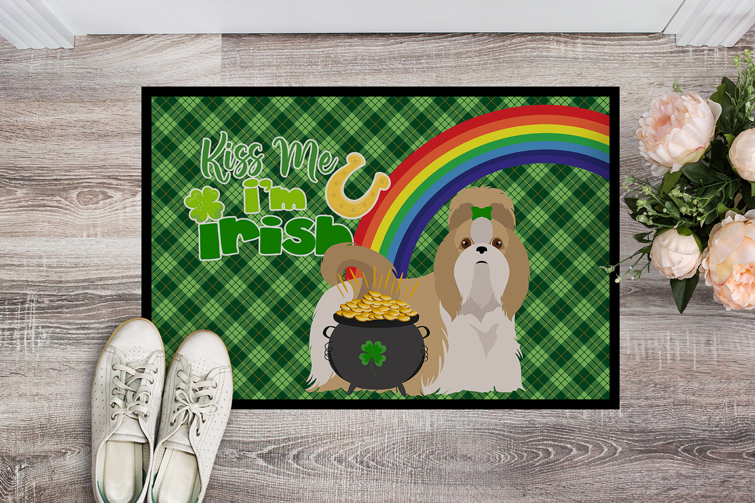 Buy this Gold and White Shih Tzu St. Patrick's Day Indoor or Outdoor Mat 24x36