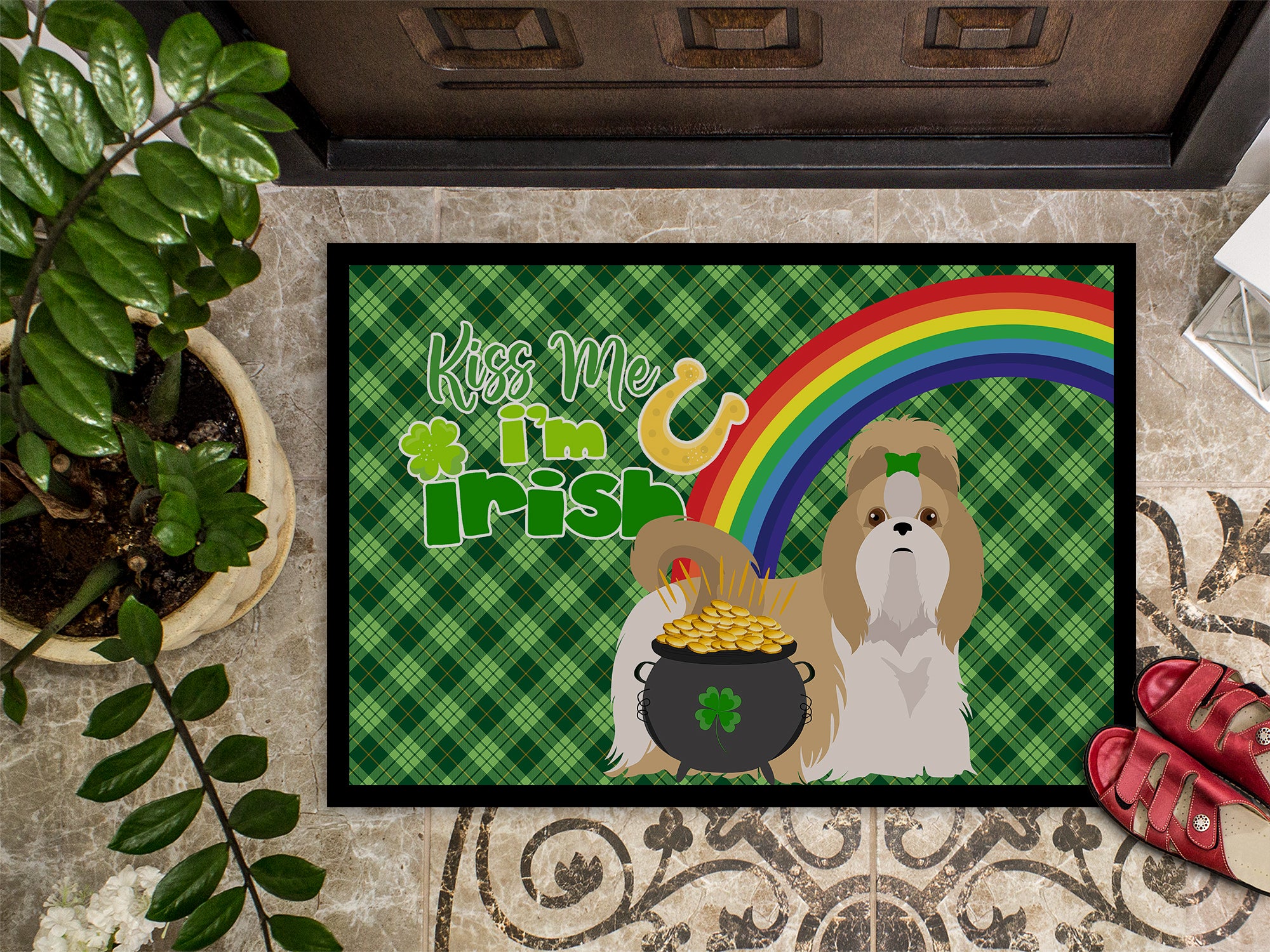 Gold and White Shih Tzu St. Patrick's Day Indoor or Outdoor Mat 24x36 - the-store.com