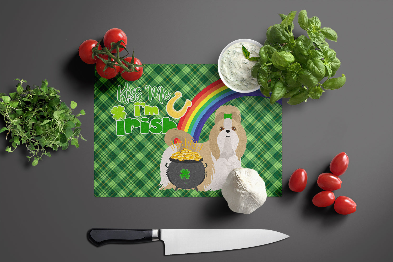 Gold and White Shih Tzu St. Patrick's Day Glass Cutting Board Large - the-store.com