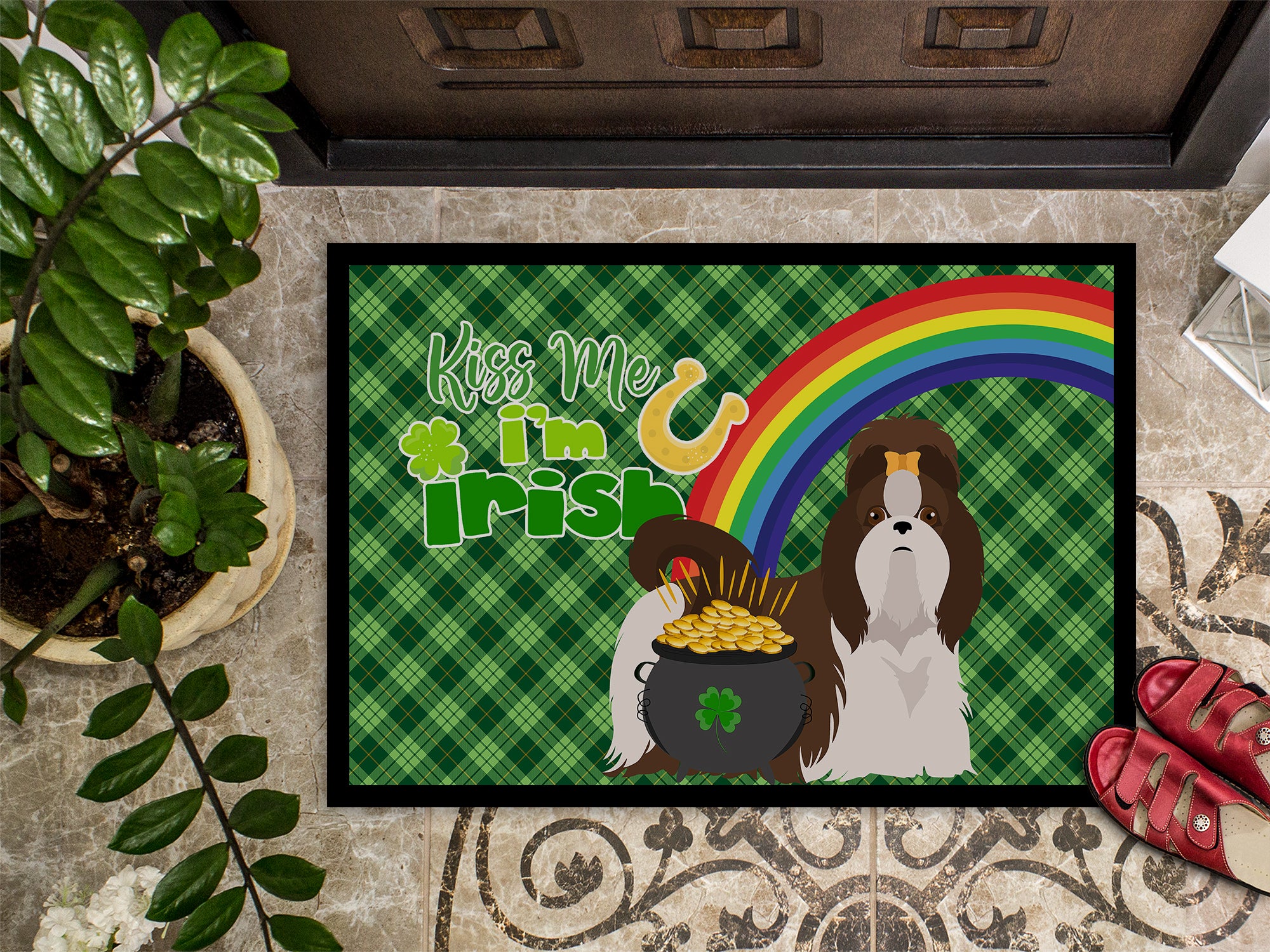 Liver and White Shih Tzu St. Patrick's Day Indoor or Outdoor Mat 24x36 - the-store.com