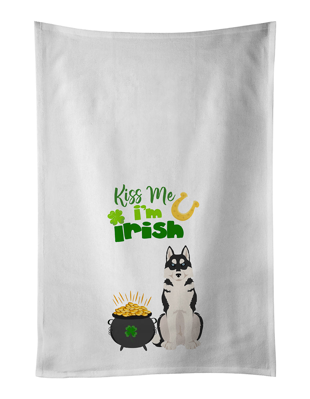 Buy this Black Siberian Husky St. Patrick's Day White Kitchen Towel Set of 2 Dish Towels
