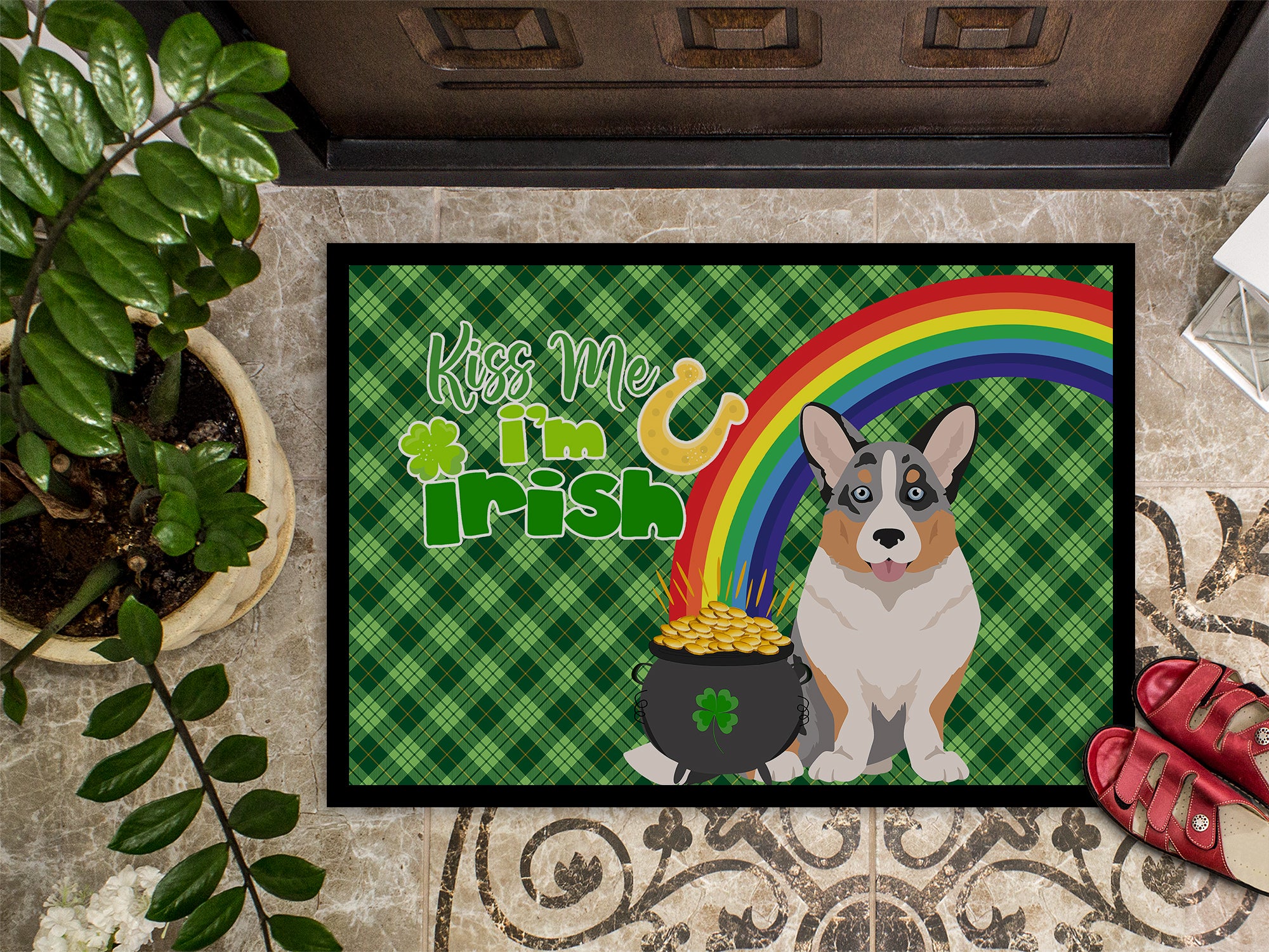 Blue Merle Cardigan Corgi St. Patrick's Day Indoor or Outdoor Mat 24x36 - the-store.com