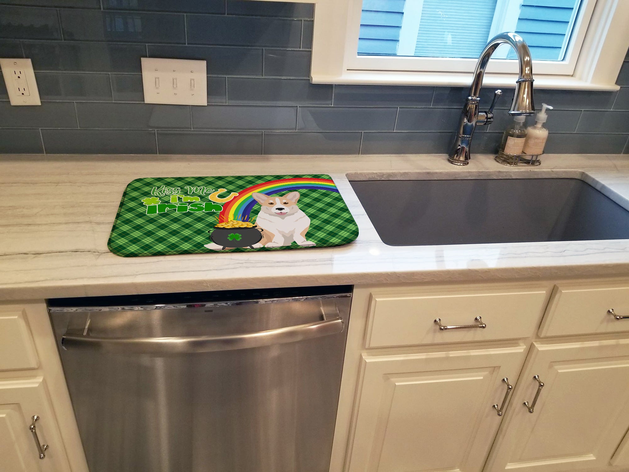 Fawn Cardigan Corgi St. Patrick's Day Dish Drying Mat
