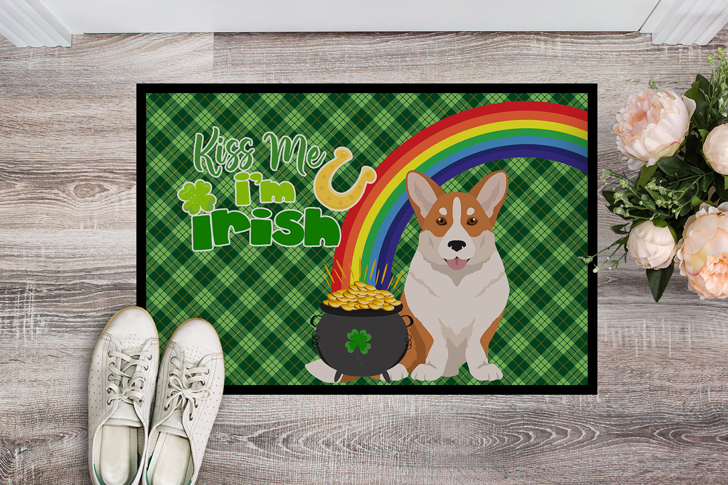 Buy this Red Cardigan Corgi St. Patrick's Day Indoor or Outdoor Mat 24x36