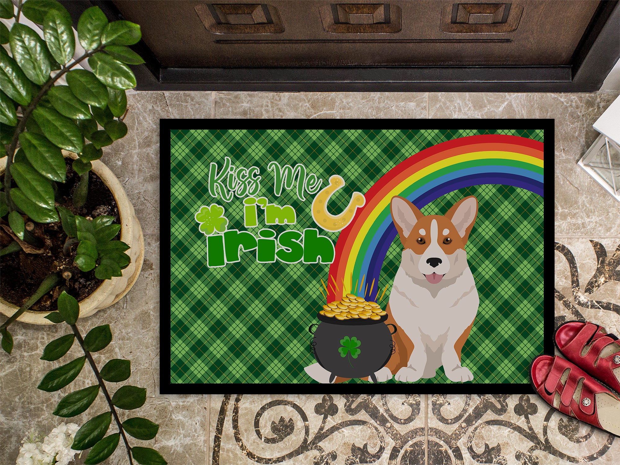 Red Cardigan Corgi St. Patrick's Day Indoor or Outdoor Mat 24x36 - the-store.com