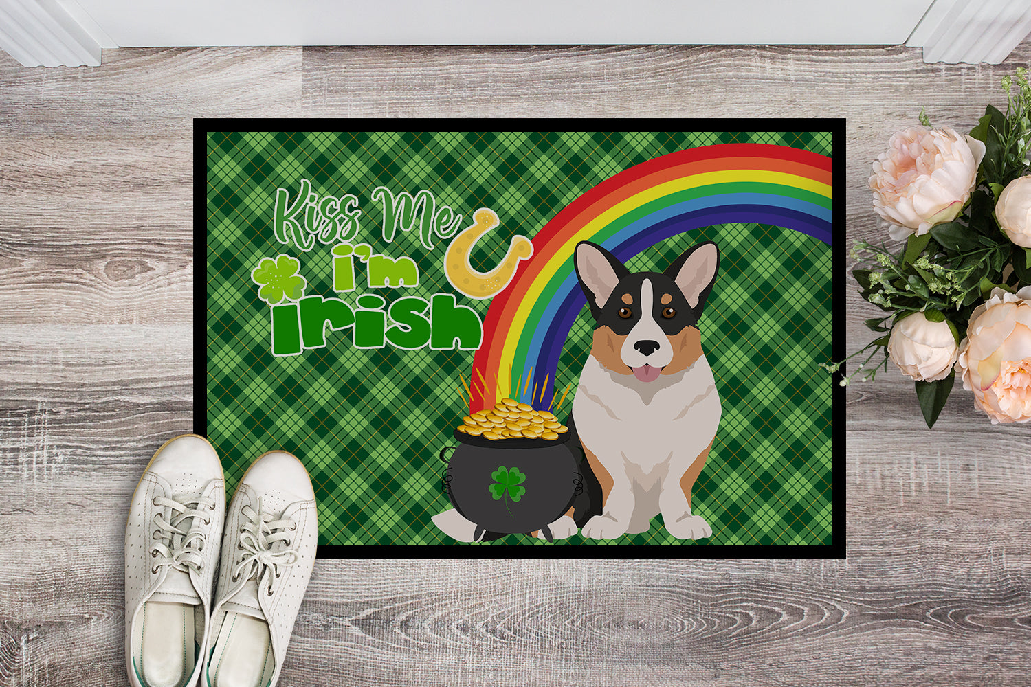Buy this Tricolor Cardigan Corgi St. Patrick's Day Indoor or Outdoor Mat 24x36