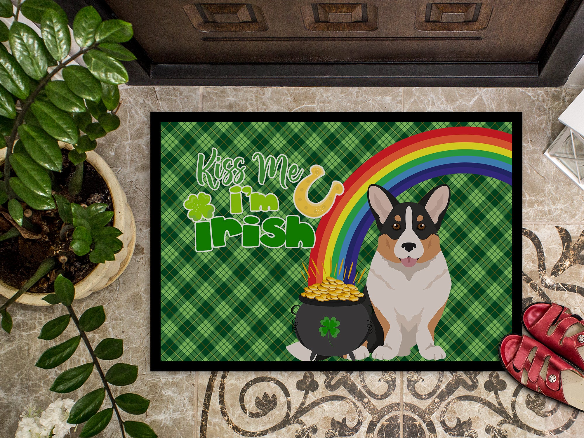Tricolor Cardigan Corgi St. Patrick's Day Indoor or Outdoor Mat 24x36 - the-store.com