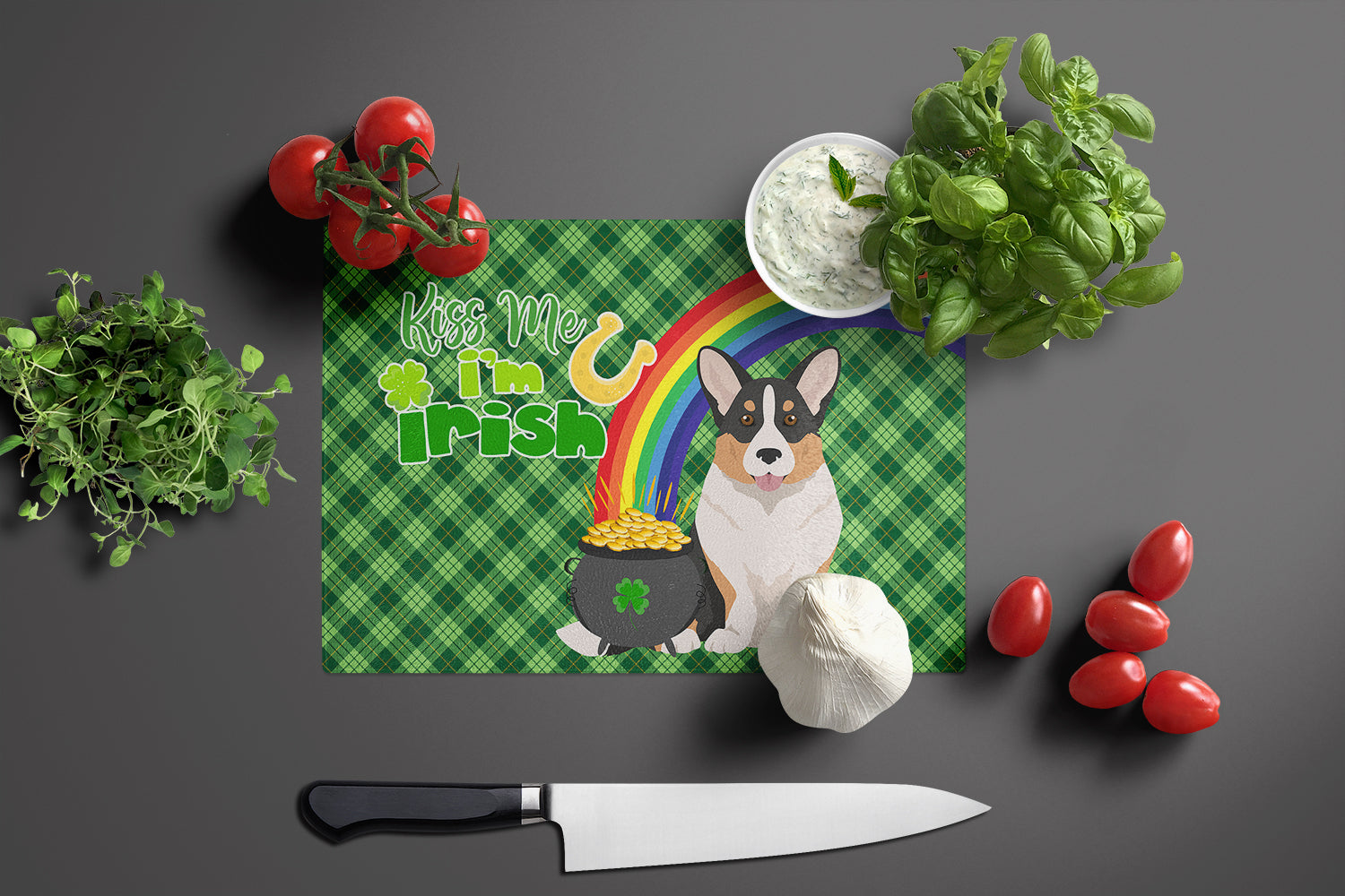 Tricolor Cardigan Corgi St. Patrick's Day Glass Cutting Board Large - the-store.com