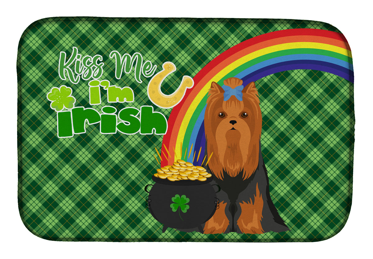 Black and Tan Full Coat Yorkshire Terrier St. Patrick&#39;s Day Dish Drying Mat  the-store.com.