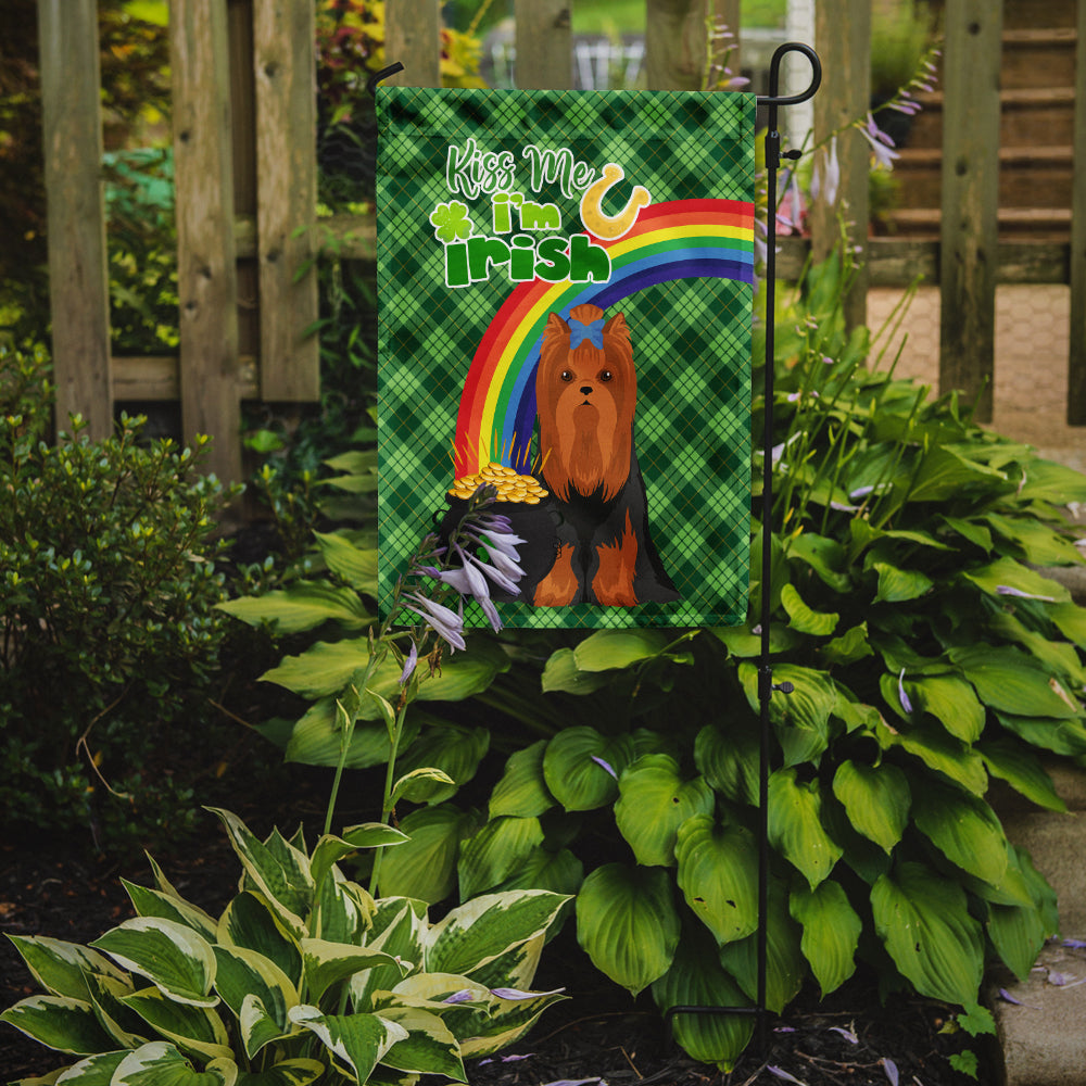 Black and Tan Full Coat Yorkshire Terrier St. Patrick's Day Flag Garden Size  the-store.com.