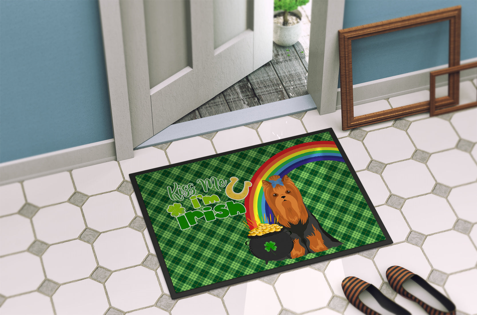 Black and Tan Full Coat Yorkshire Terrier St. Patrick's Day Indoor or Outdoor Mat 24x36 - the-store.com