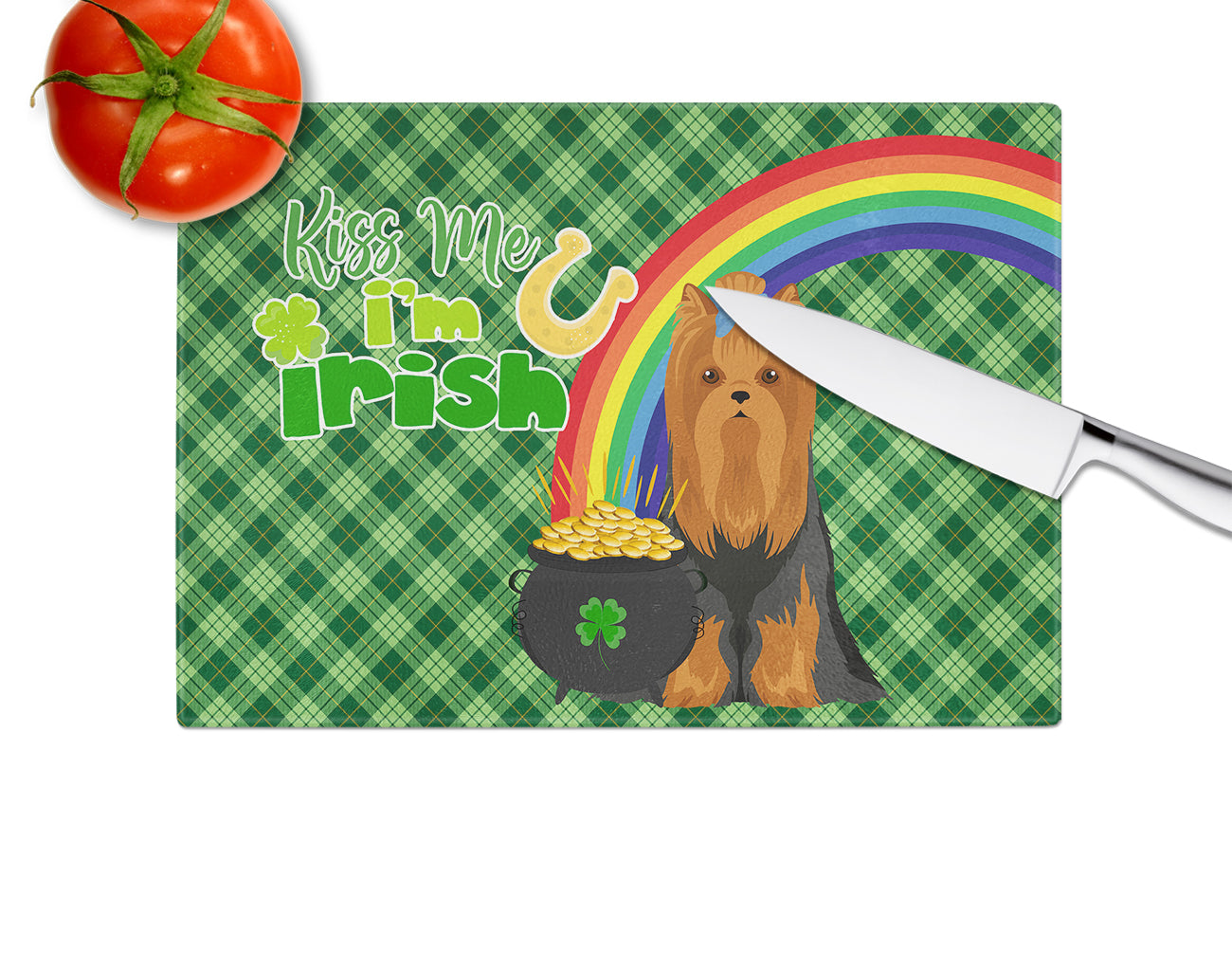 Black and Tan Full Coat Yorkshire Terrier St. Patrick's Day Glass Cutting Board Large - the-store.com