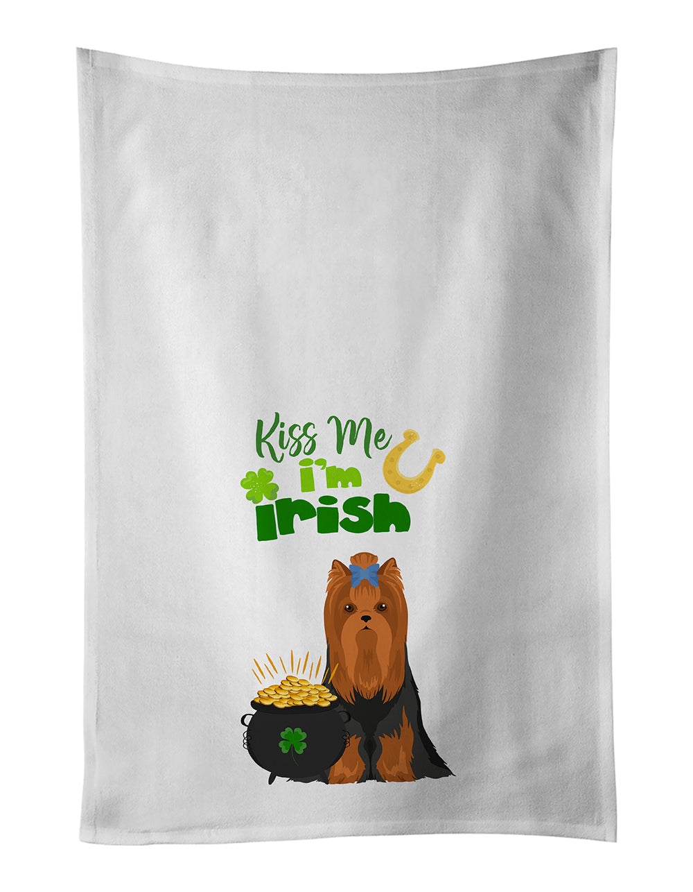 Buy this Black and Tan Full Coat Yorkshire Terrier St. Patrick&#39;s Day White Kitchen Towel Set of 2 Dish Towels