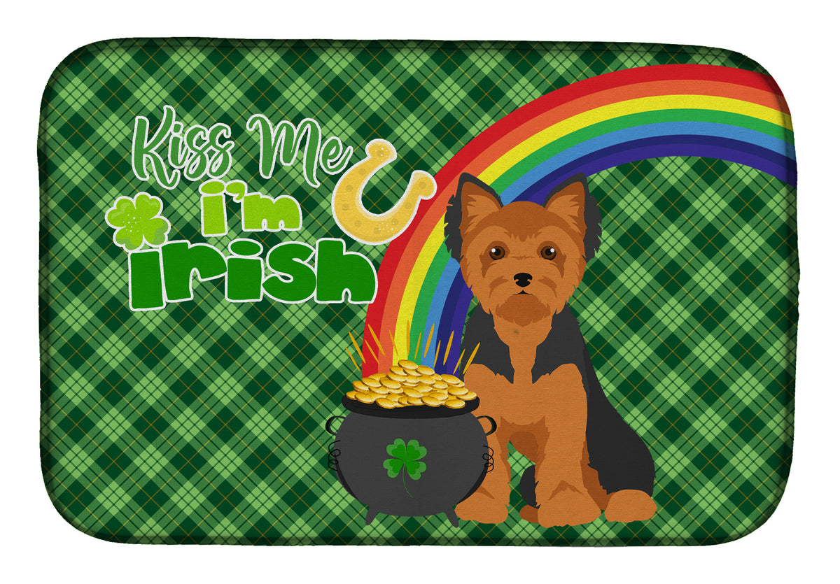 Black and Tan Puppy Cut Yorkshire Terrier St. Patrick&#39;s Day Dish Drying Mat