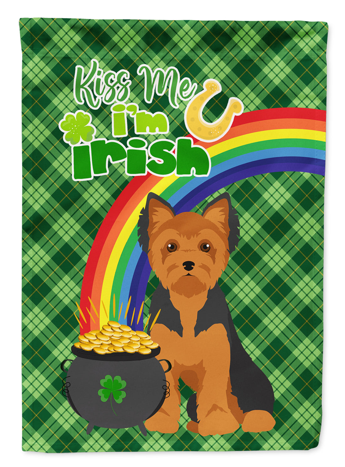 Black and Tan Puppy Cut Yorkshire Terrier St. Patrick's Day Flag Garden Size  the-store.com.