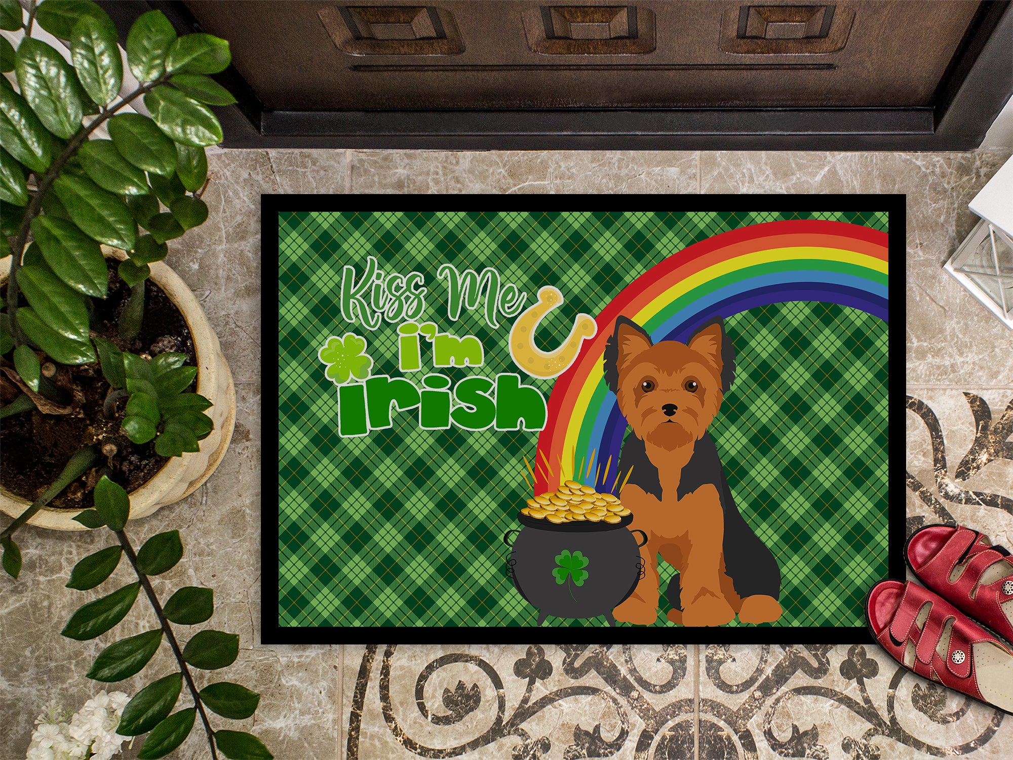 Black and Tan Puppy Cut Yorkshire Terrier St. Patrick's Day Indoor or Outdoor Mat 24x36 - the-store.com