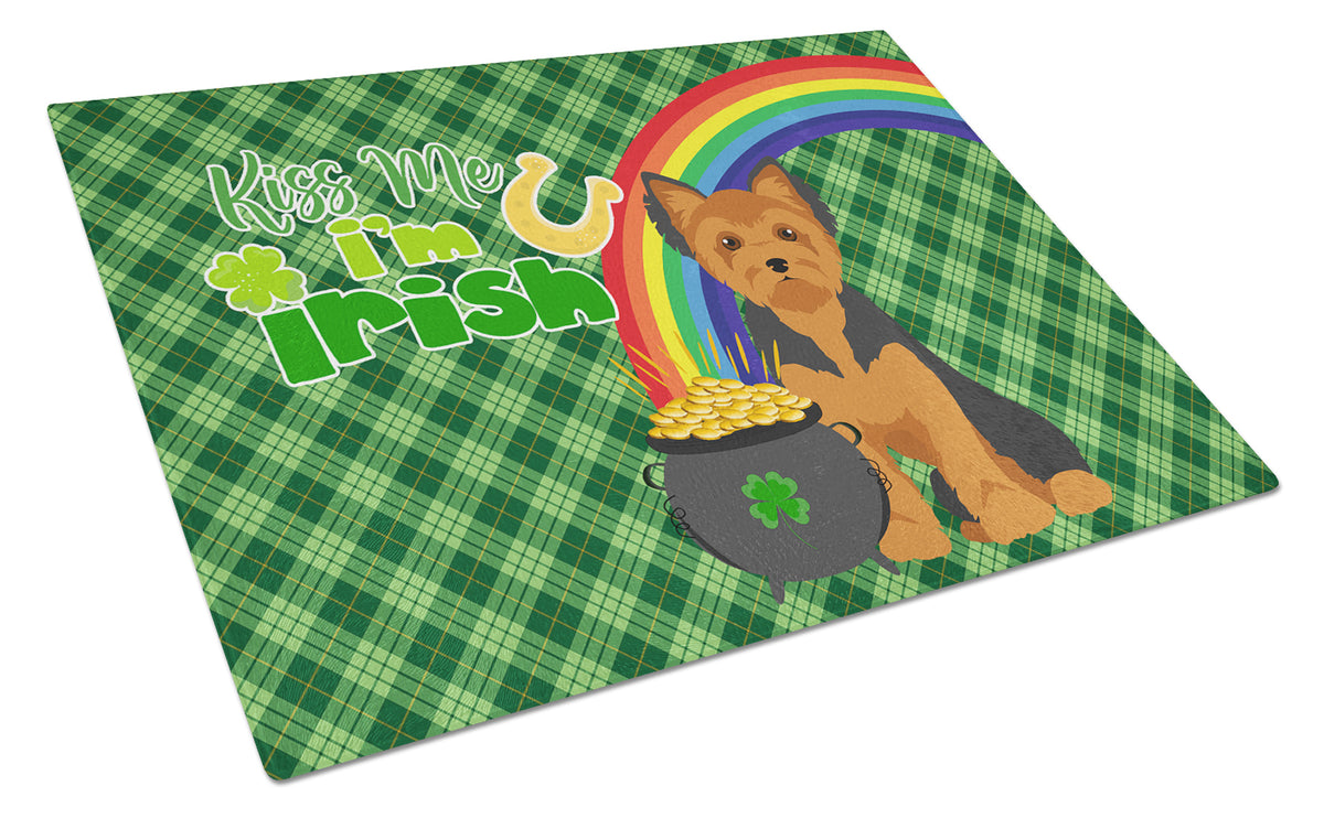 Buy this Black and Tan Puppy Cut Yorkshire Terrier St. Patrick&#39;s Day Glass Cutting Board Large
