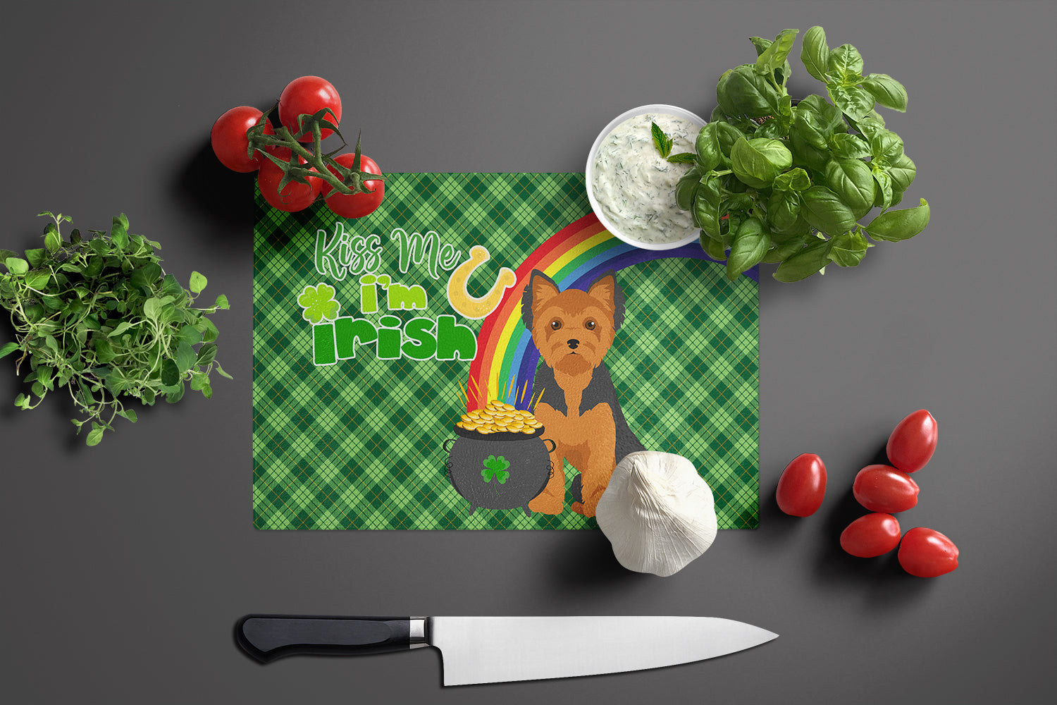 Black and Tan Puppy Cut Yorkshire Terrier St. Patrick's Day Glass Cutting Board Large - the-store.com