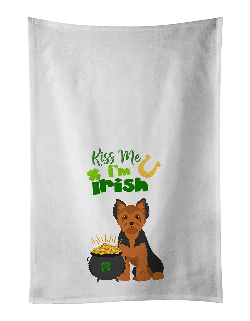Buy this Black and Tan Puppy Cut Yorkshire Terrier St. Patrick&#39;s Day White Kitchen Towel Set of 2 Dish Towels