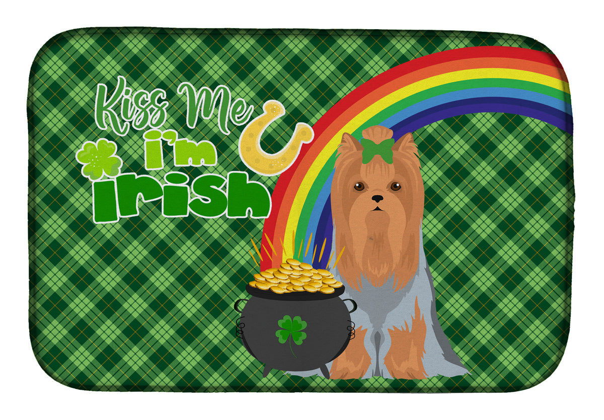 Blue and Tan Full Coat Yorkshire Terrier St. Patrick&#39;s Day Dish Drying Mat