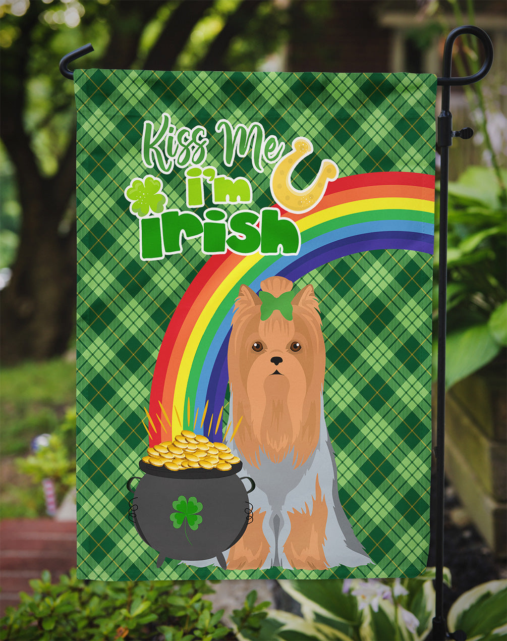 Blue and Tan Full Coat Yorkshire Terrier St. Patrick's Day Flag Garden Size