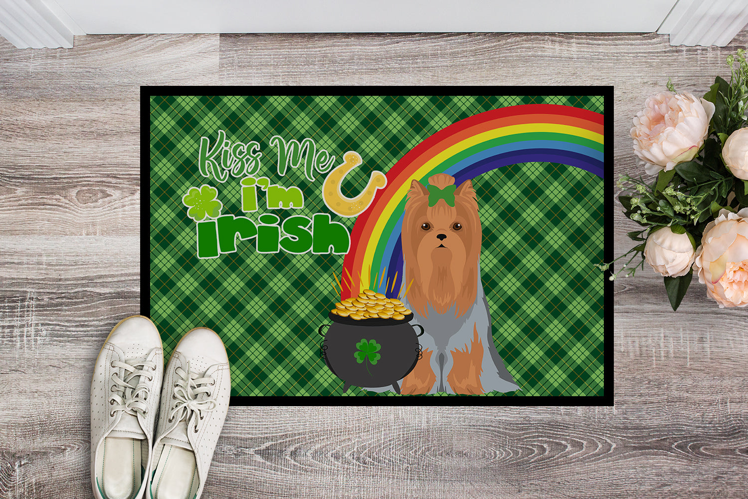 Blue and Tan Full Coat Yorkshire Terrier St. Patrick's Day Indoor or Outdoor Mat 24x36 - the-store.com