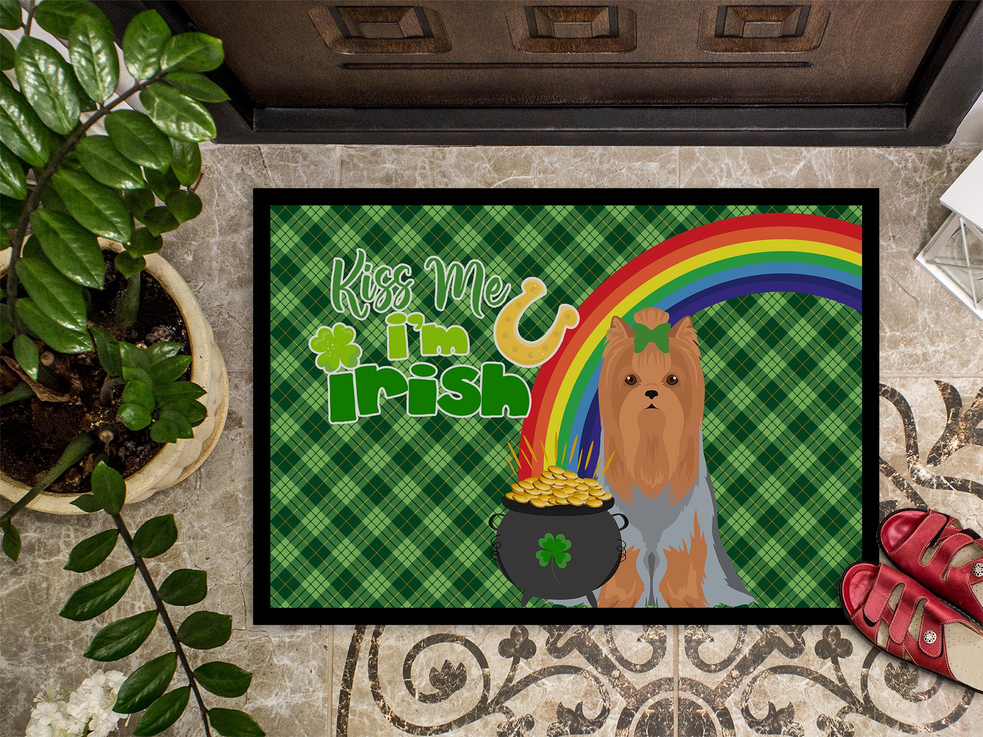 Blue and Tan Full Coat Yorkshire Terrier St. Patrick's Day Indoor or Outdoor Mat 24x36 - the-store.com