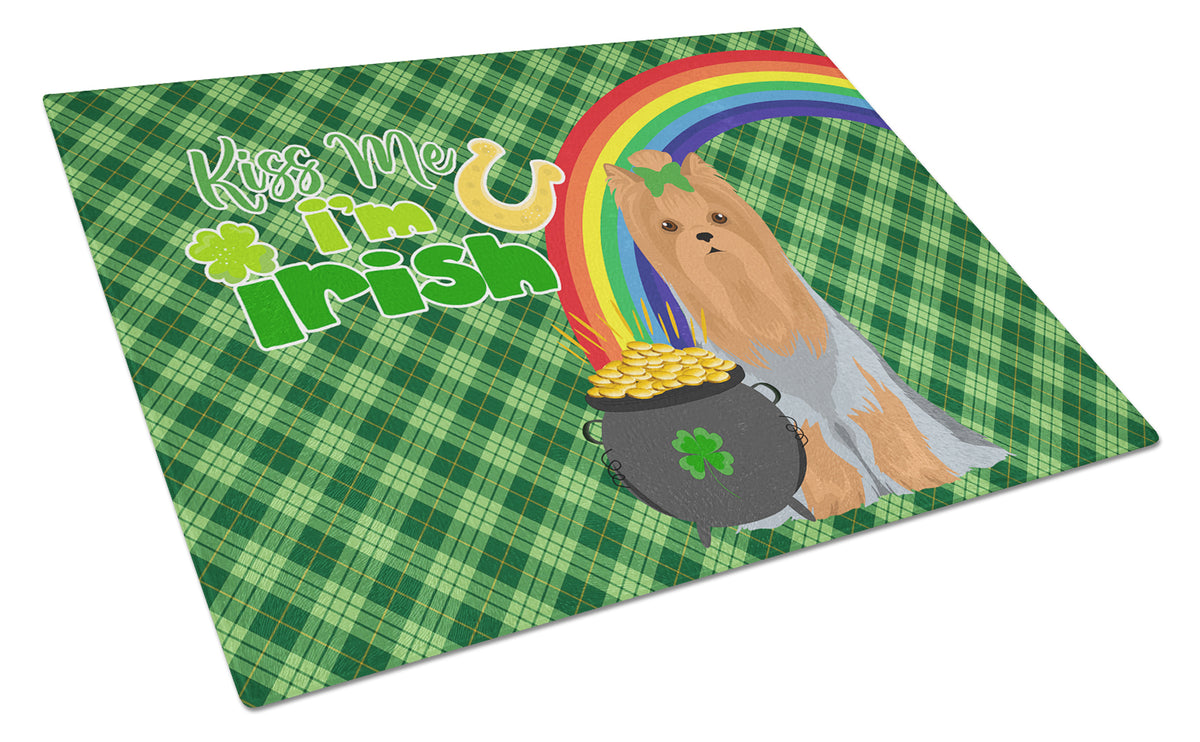 Buy this Blue and Tan Full Coat Yorkshire Terrier St. Patrick&#39;s Day Glass Cutting Board Large