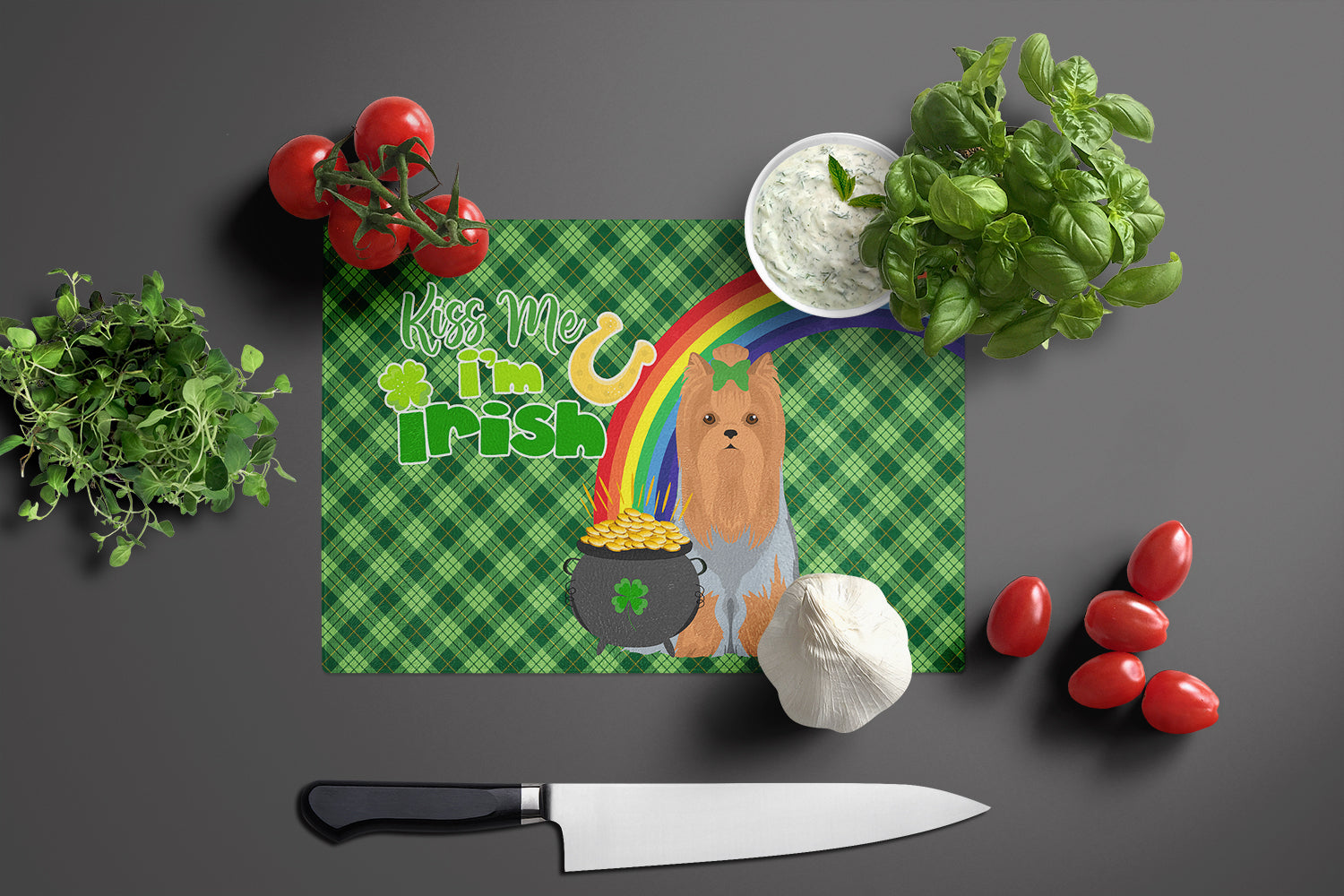 Blue and Tan Full Coat Yorkshire Terrier St. Patrick's Day Glass Cutting Board Large - the-store.com
