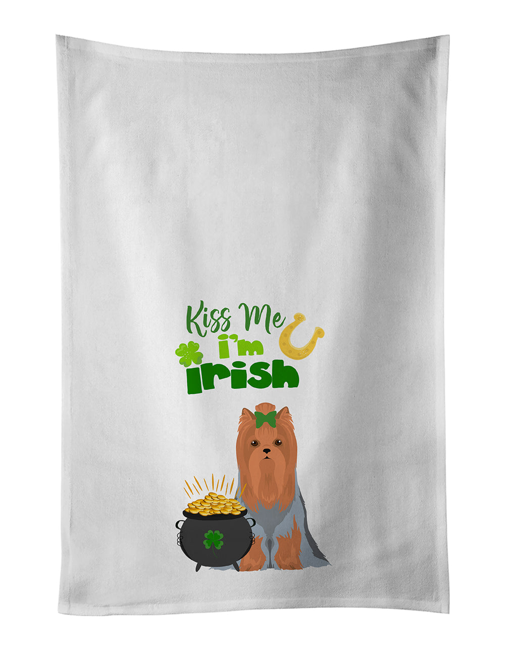 Buy this Blue and Tan Full Coat Yorkshire Terrier St. Patrick&#39;s Day White Kitchen Towel Set of 2 Dish Towels
