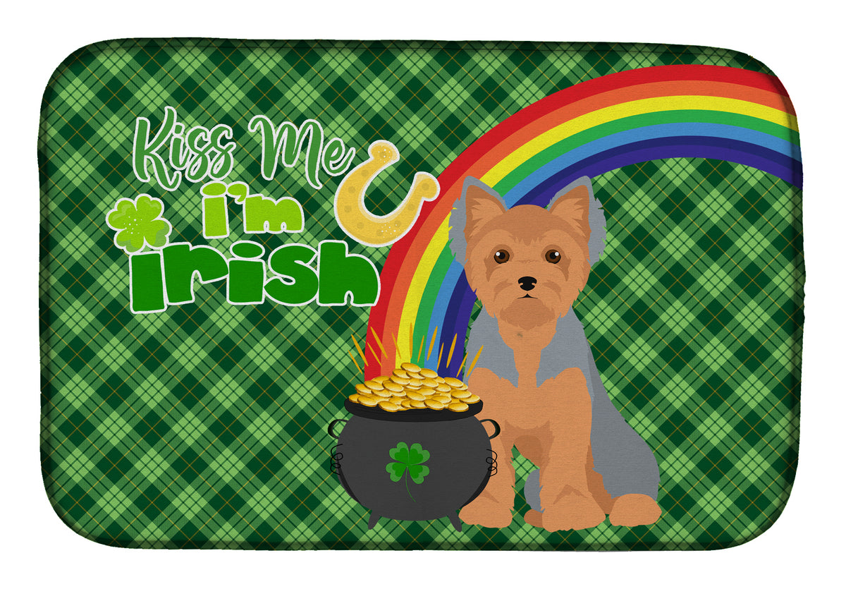 Blue and Tan Puppy Cut Yorkshire Terrier St. Patrick&#39;s Day Dish Drying Mat