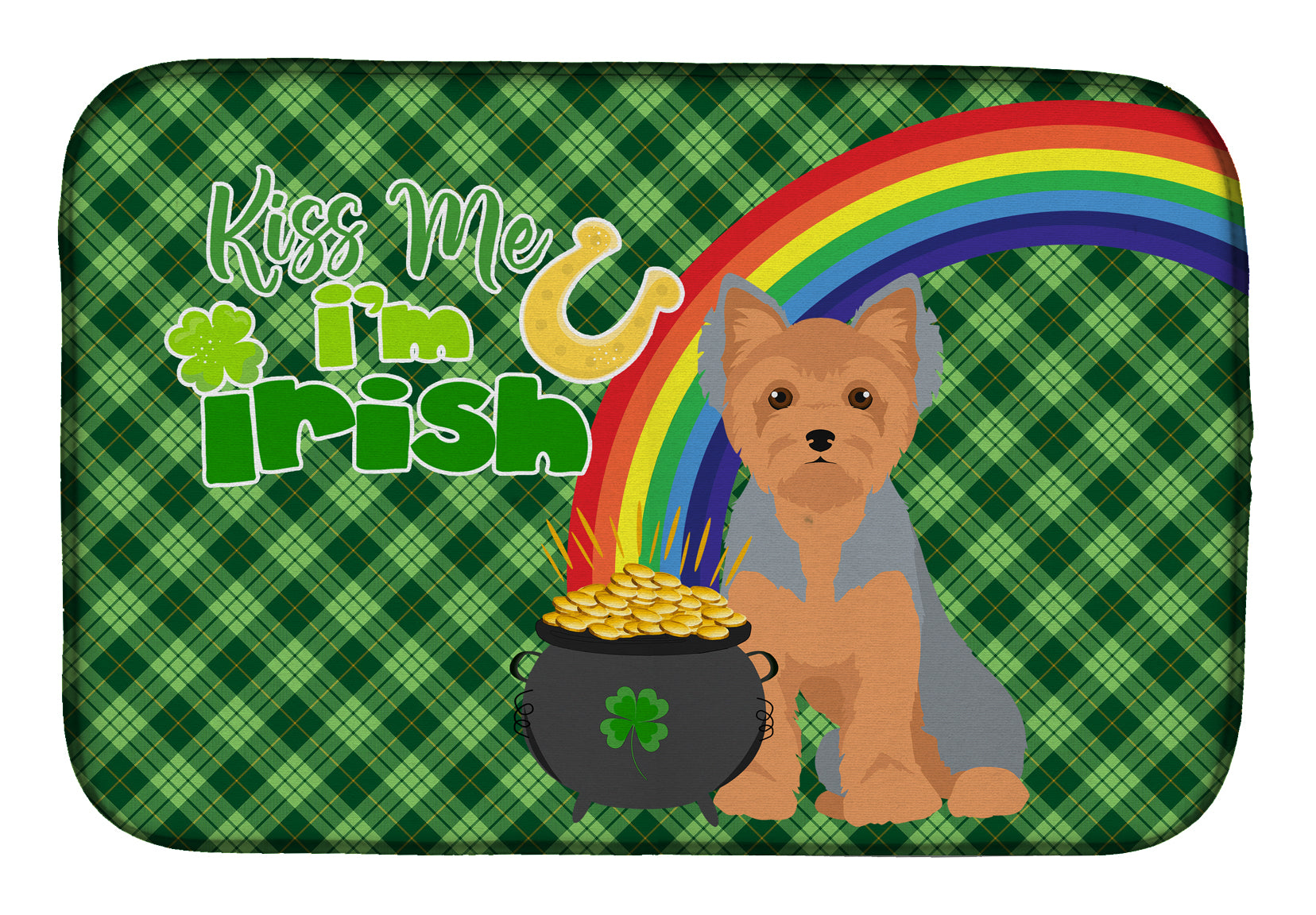 Blue and Tan Puppy Cut Yorkshire Terrier St. Patrick's Day Dish Drying Mat