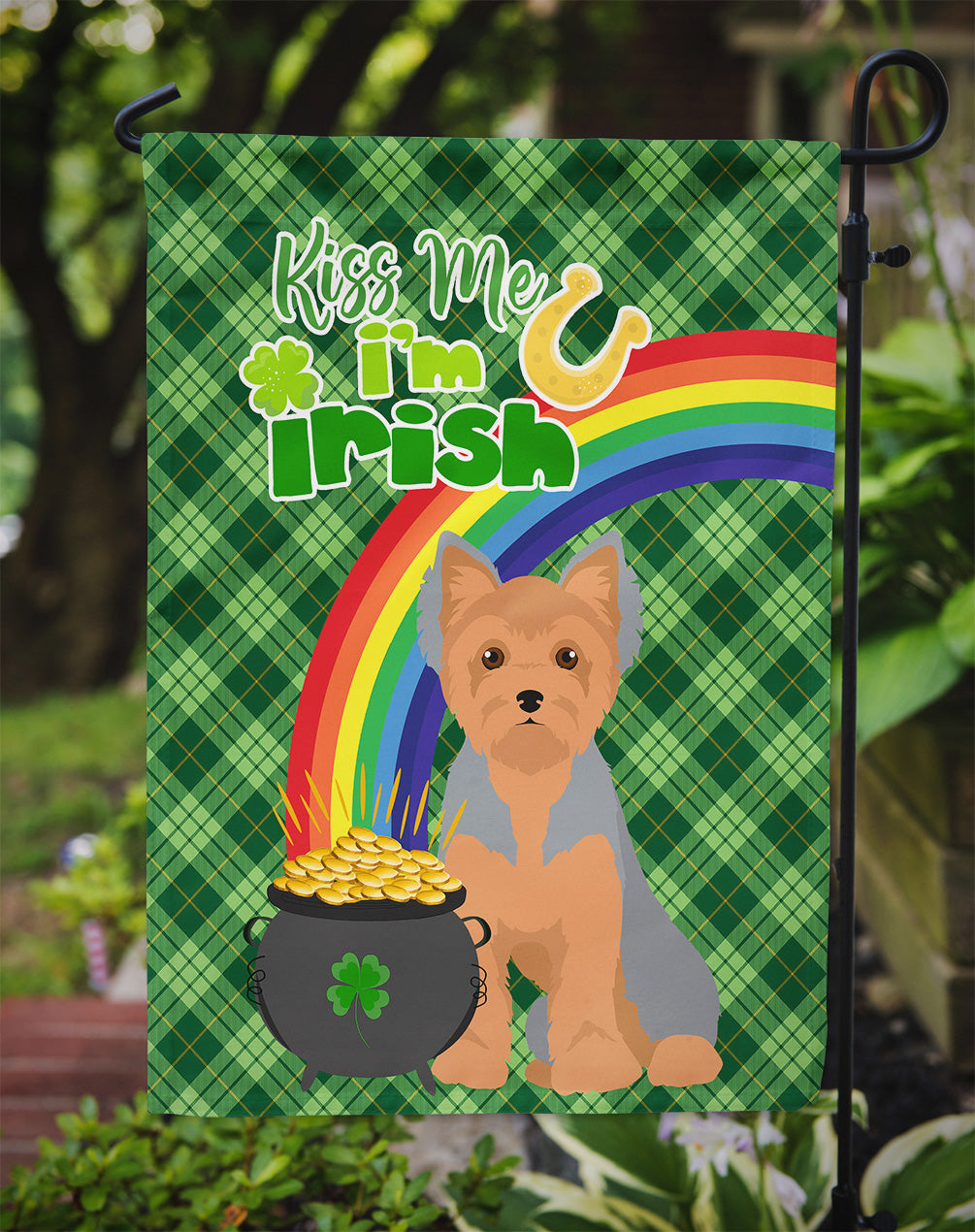 Blue and Tan Puppy Cut Yorkshire Terrier St. Patrick's Day Flag Garden Size