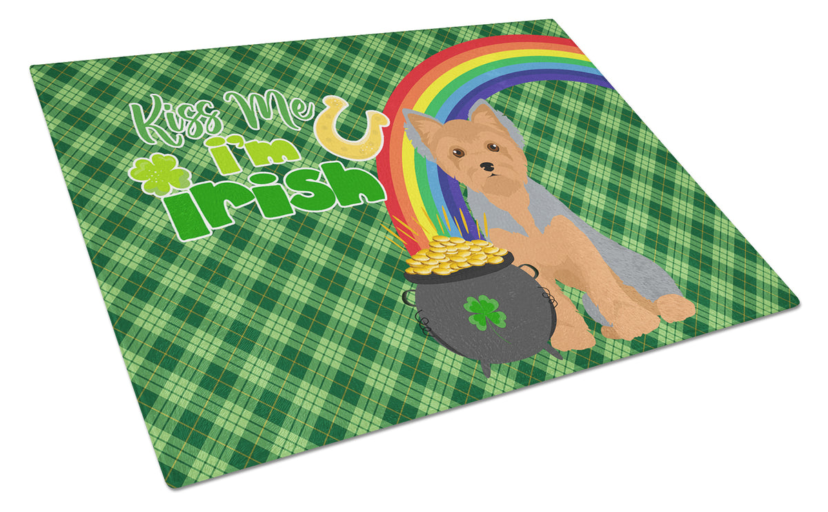 Buy this Blue and Tan Puppy Cut Yorkshire Terrier St. Patrick&#39;s Day Glass Cutting Board Large