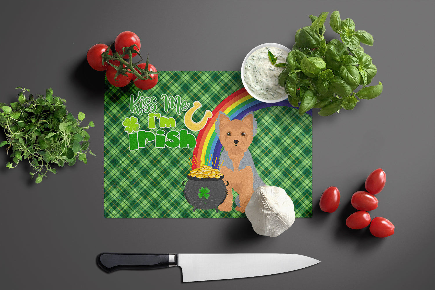 Blue and Tan Puppy Cut Yorkshire Terrier St. Patrick's Day Glass Cutting Board Large - the-store.com