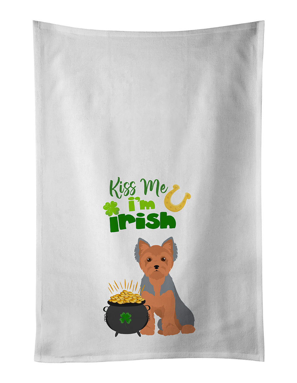 Buy this Blue and Tan Puppy Cut Yorkshire Terrier St. Patrick&#39;s Day White Kitchen Towel Set of 2 Dish Towels