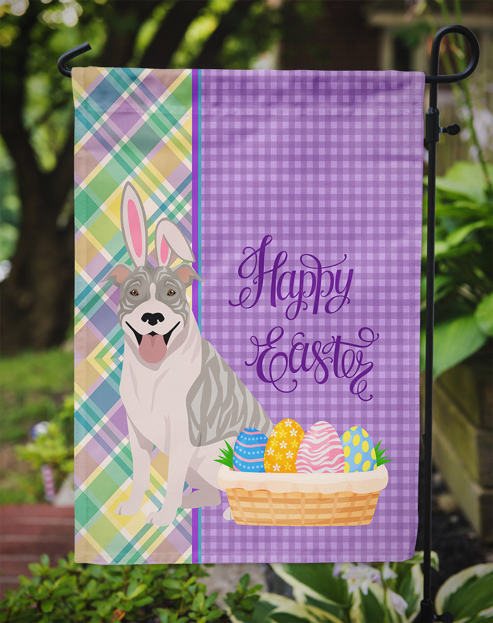 Blue Brindle Pit Bull Terrier Easter Flag Garden Size  the-store.com.