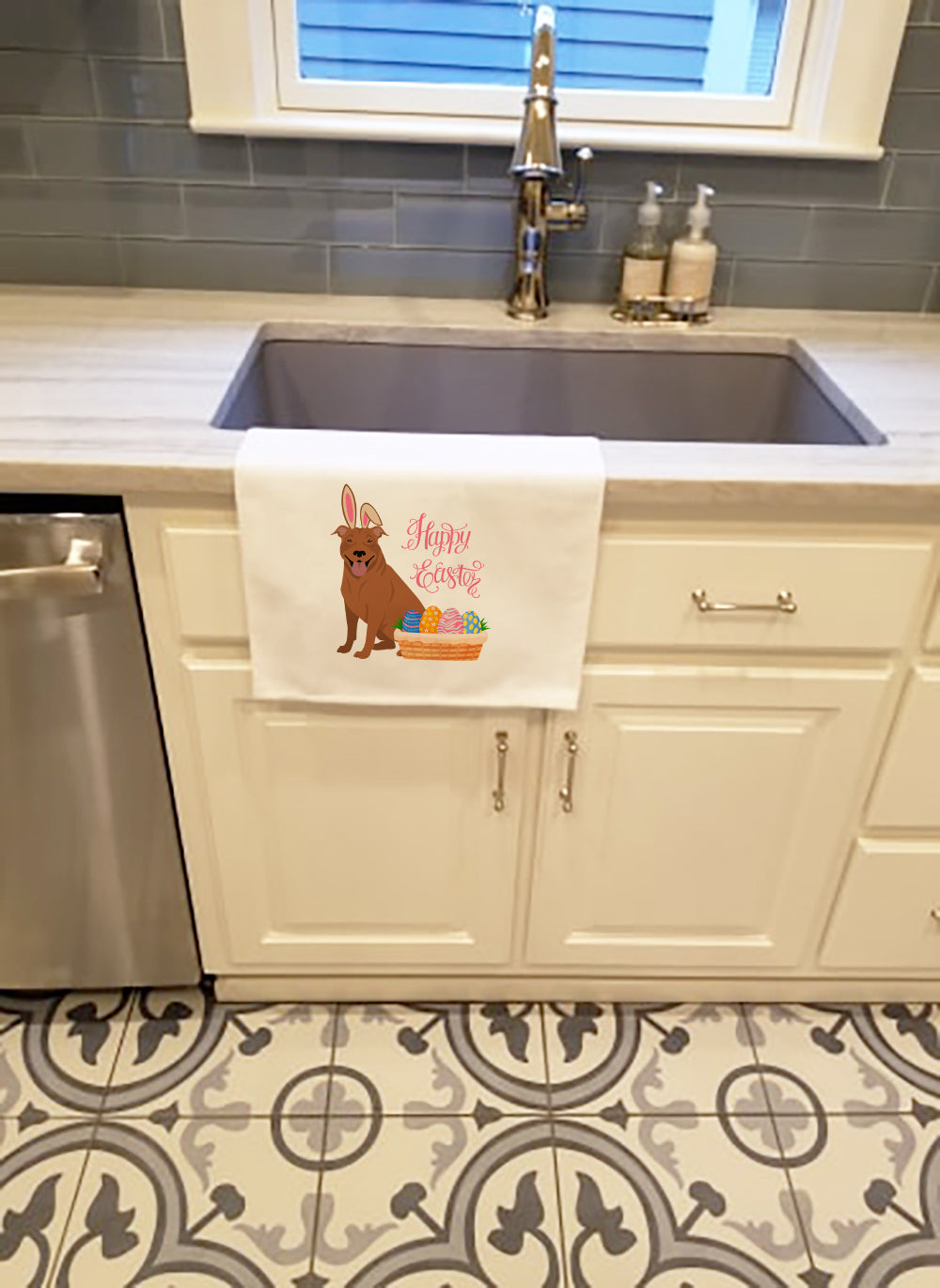 Red Pit Bull Terrier Easter White Kitchen Towel Set of 2 Dish Towels - the-store.com
