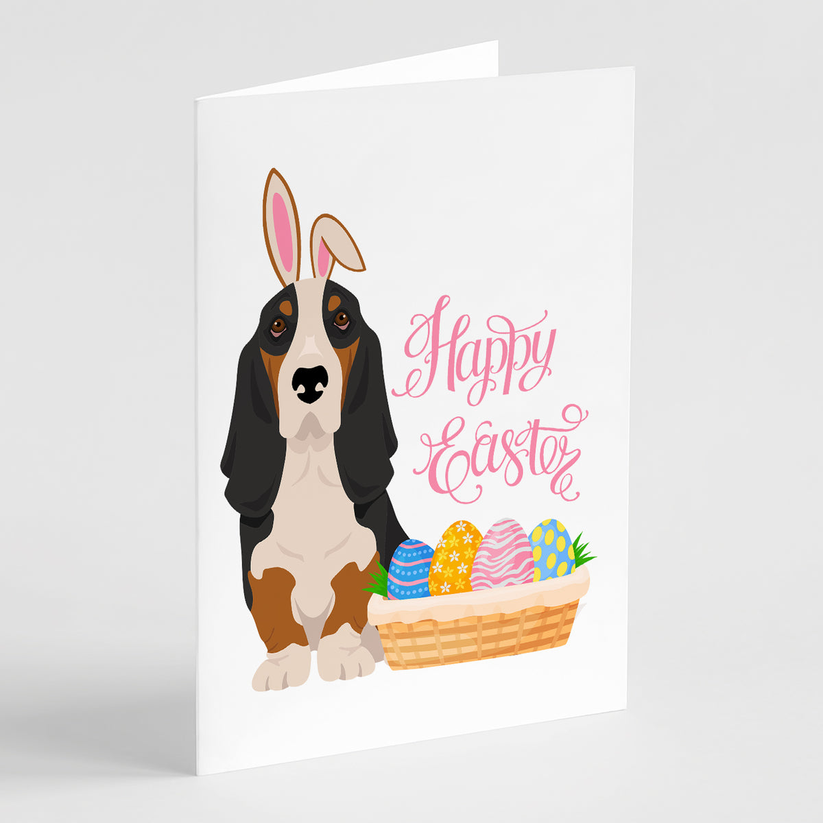 Buy this Black Tricolor Basset Hound Easter Greeting Cards and Envelopes Pack of 8