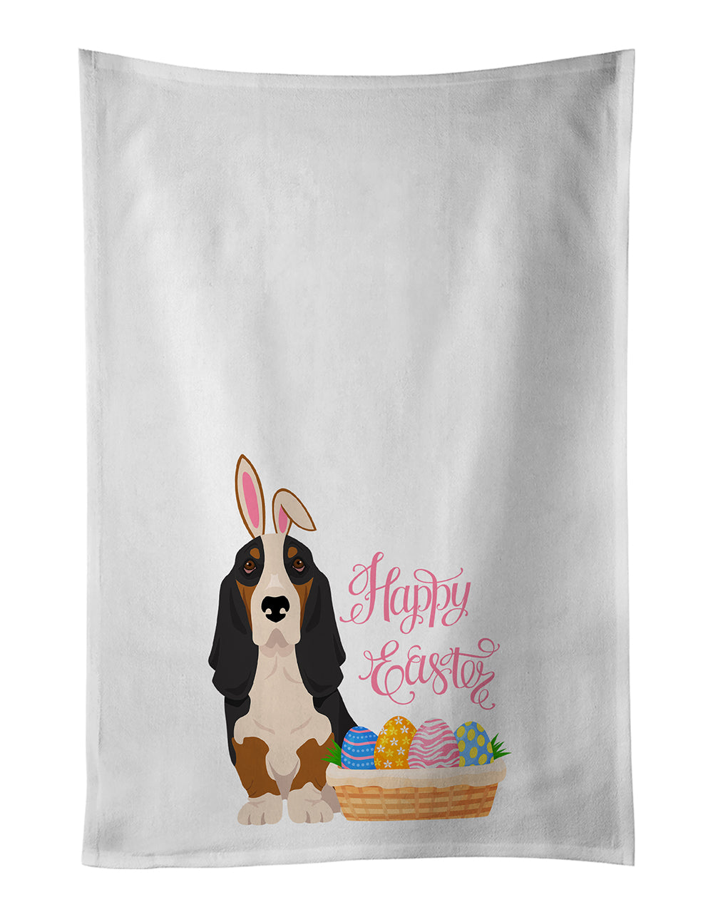 Buy this Black Tricolor Basset Hound Easter White Kitchen Towel Set of 2 Dish Towels