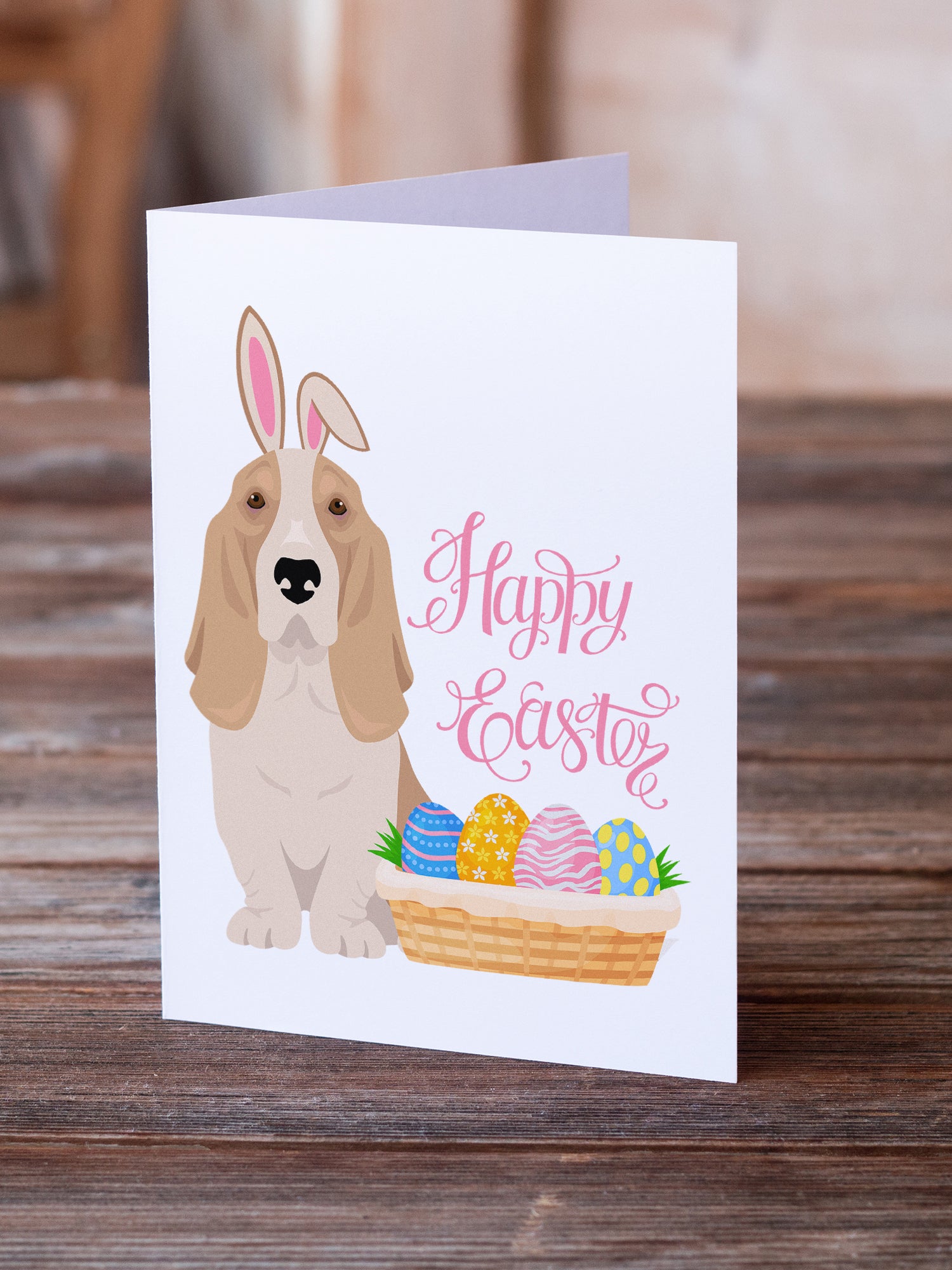 Buy this Lemon and White Tricolor Basset Hound Easter Greeting Cards and Envelopes Pack of 8