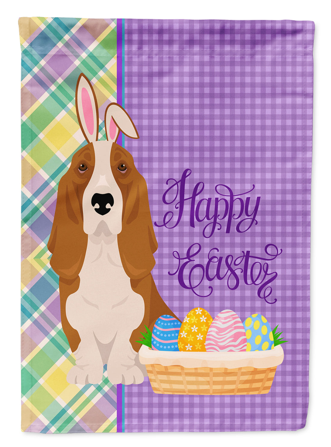 Red and White Tricolor Basset Hound Easter Flag Garden Size  the-store.com.