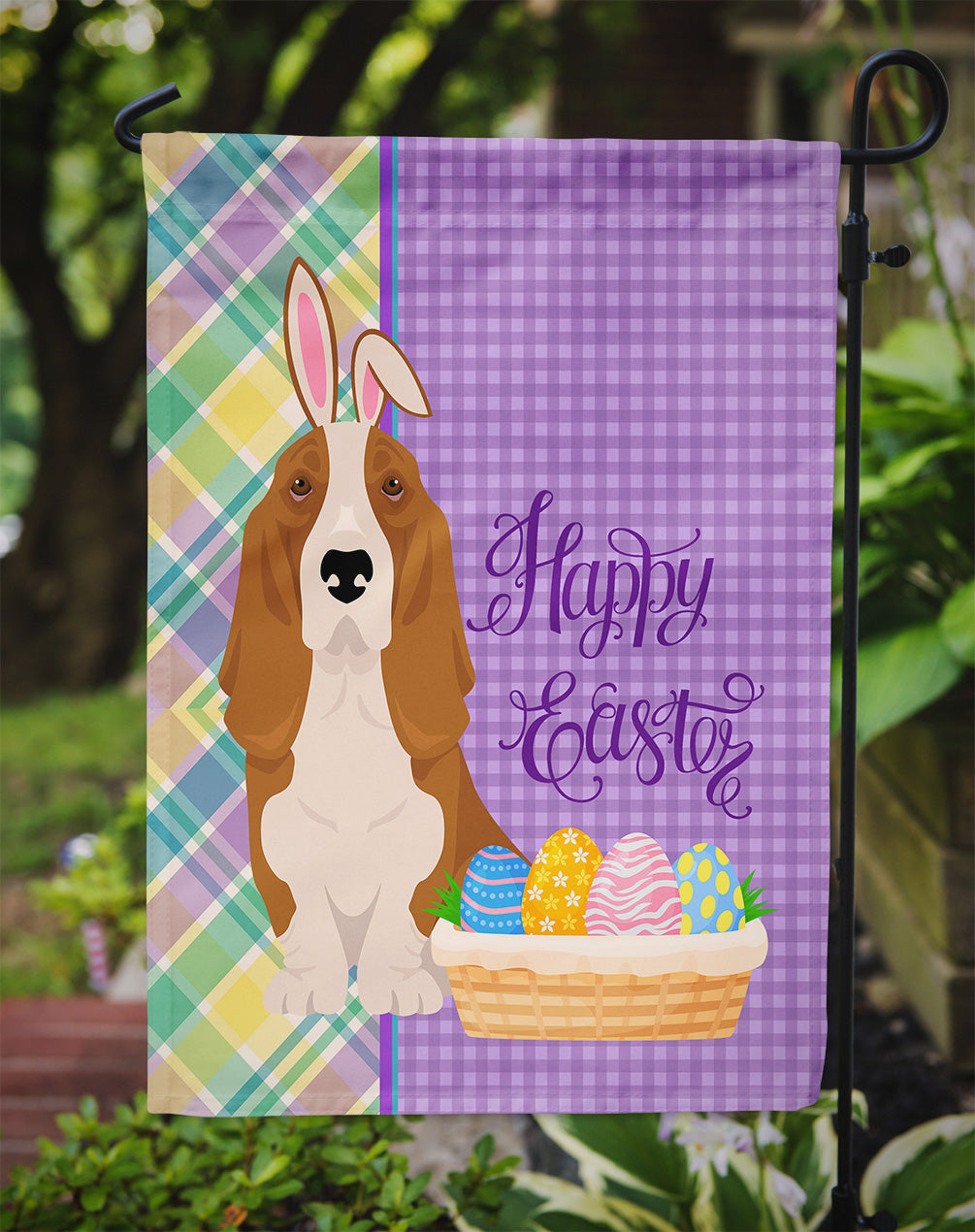Red and White Tricolor Basset Hound Easter Flag Garden Size
