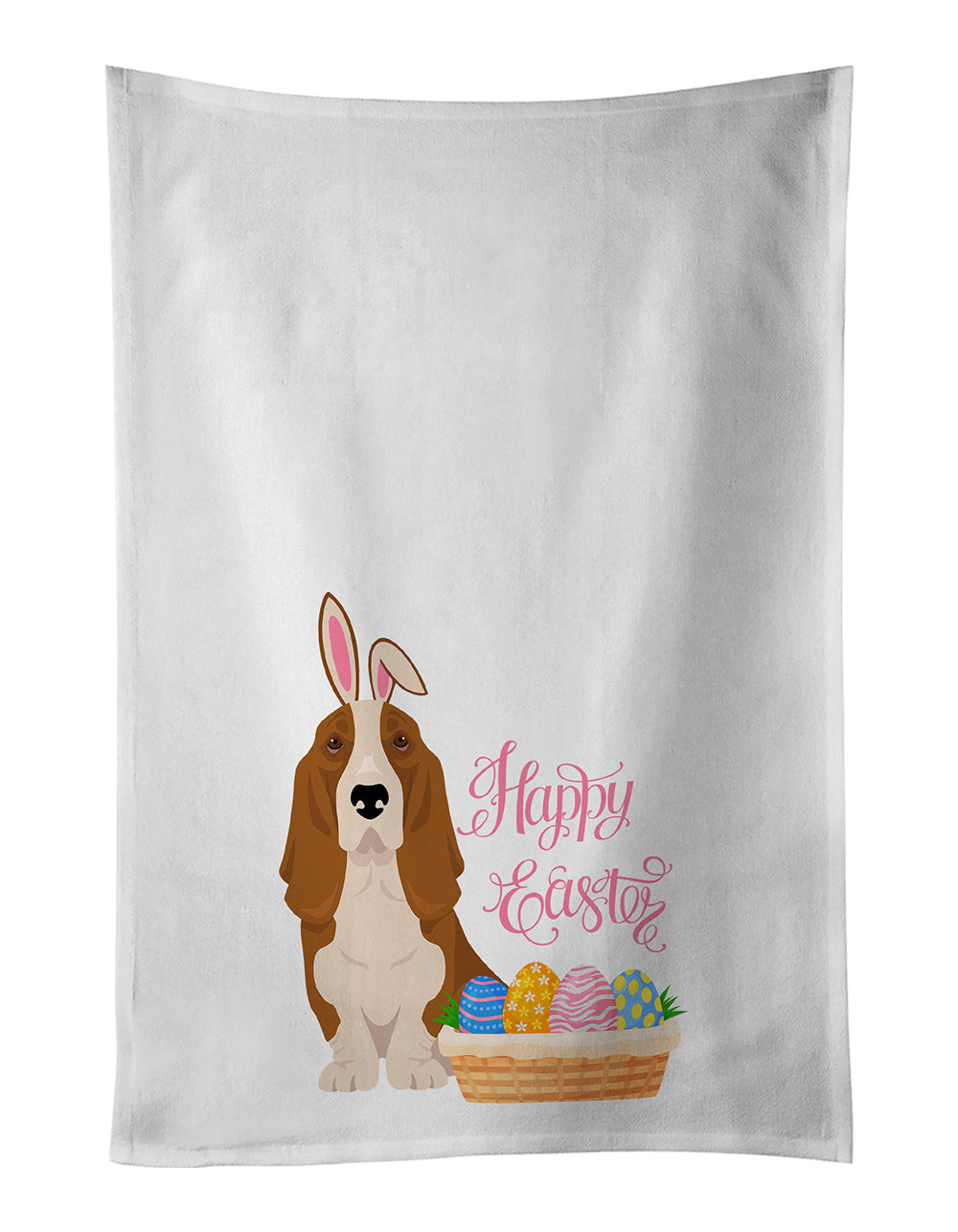 Buy this Red and White Tricolor Basset Hound Easter White Kitchen Towel Set of 2 Dish Towels