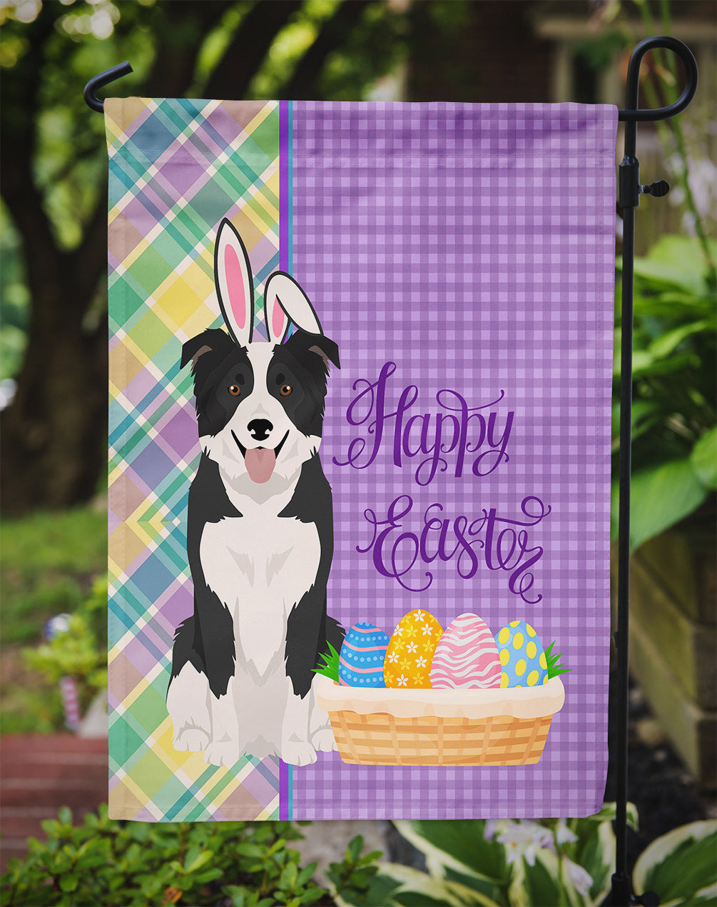 Black and White Border Collie Easter Flag Garden Size  the-store.com.