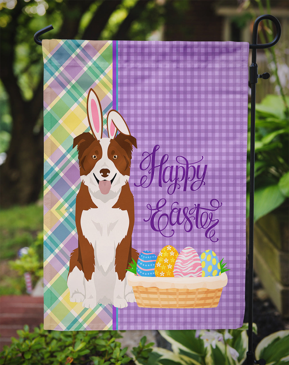 Red and White Border Collie Easter Flag Garden Size  the-store.com.